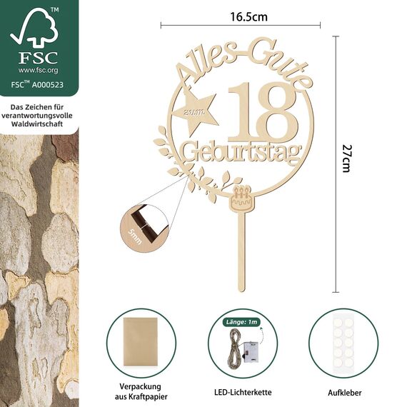 Giftota Cake Topper 18. Geburtstag Holz mit LED Lichterkette - 18. Geburtstag Deko Jungen Mädchen - Tortendeko 18. Geburtstagsdeko - Kuchen Deko für 18. Geburtstagsdeko