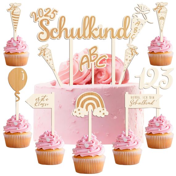 Humairc 2025 Tortendeko Einschulung 10tgl. aus Holz Junge Mädchen Schulkind Zuckertüte Cake Topper ABC 123 Cupcake Torte Deko Kuchendeko Schulanfang