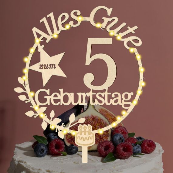 Cake Topper 5. Geburtstag Holz mit LED Lichterkette - Tortendeko 5. Geburtstag Deko - Kuchen Deko für Jungen Mädchen