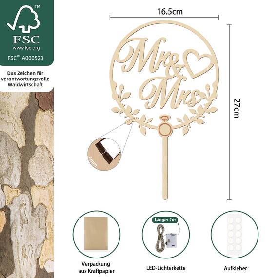 Giftota Cake Topper Hochzeit Holz Mit LED Lichterkette - Tortendeko "Mr und Mrs" - Hochzeitstorte Deko