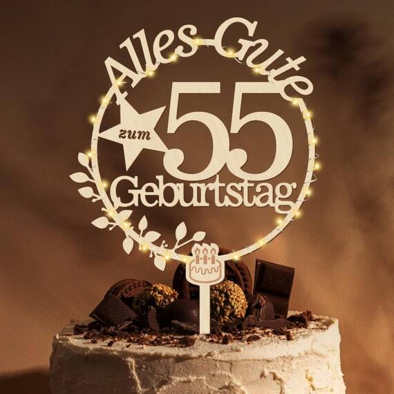 Giftota 55. Geburtstag Holz Cake Topper mit LED Lichterkette - 55. Geburtstag Deko für Frauen und Männer