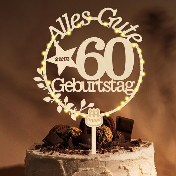 Giftota Cake Topper 60. Geburtstag Holz mit LED Lichterkette - Tortendeko 60 Geburtstag Deko Frauen Männer - Kuchen Deko für 60. Geburtstagsdeko