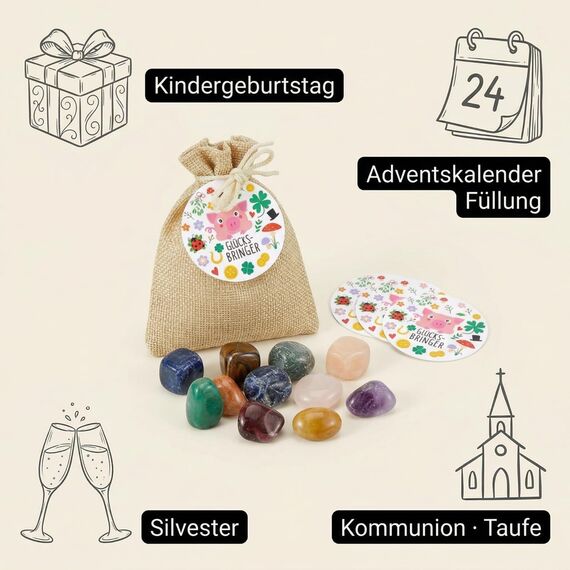 Otuuz 12 Sets Glückssteine Kinder Mitgebsel mit Jutebeutel Glücksschwein, Glücksbringer Steine Kinder Kindergeburtstag Mitgebsel Set, Natursteine bunt für Silvester Geschenk, Adventskalender Füllung