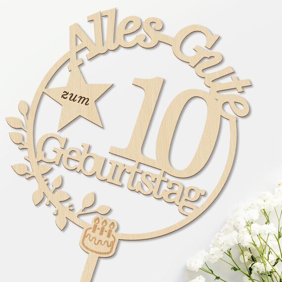 Giftota Cake Topper 10. Geburtstag Holz mit LED Lichterkette - Tortendeko 10. Geburtstag Deko - Kuchen Deko für Jungen Mädchen