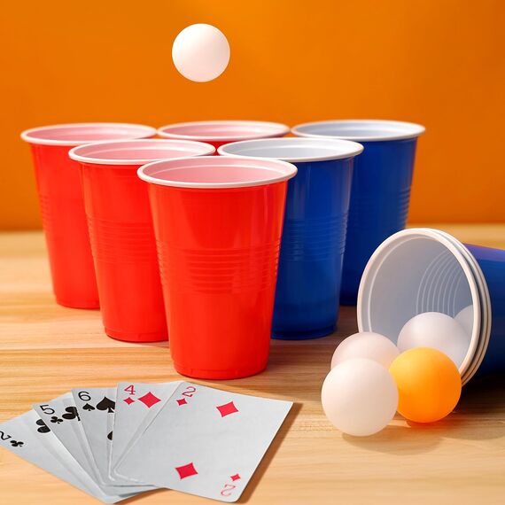 Zeawavsl Bierpong Becher Set, Beer Pong Becher Enthält 50 Becher und 12 Tischtennisbälle, 500ML Beerpongbecher Wiederverwendbare Beerpong Partybecher für Party Trinkspiele Camping Geburtstag Hochzeit