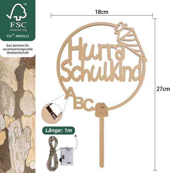 Giftota Cake Topper Schulkind aus Holz mit LED Lichterkette - Tortendeko Einschulung - 2025 Einschulung Deko für Junge Mädchen - Schulanfang Deko