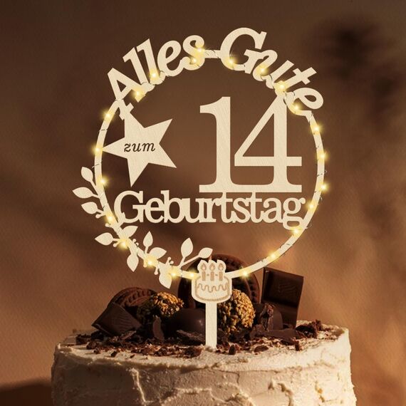 Giftota Cake Topper 14. Geburtstag Holz mit LED Lichterkette - Tortendeko 14. Geburtstag Deko - Kuchen Deko für Jungen Mädchen