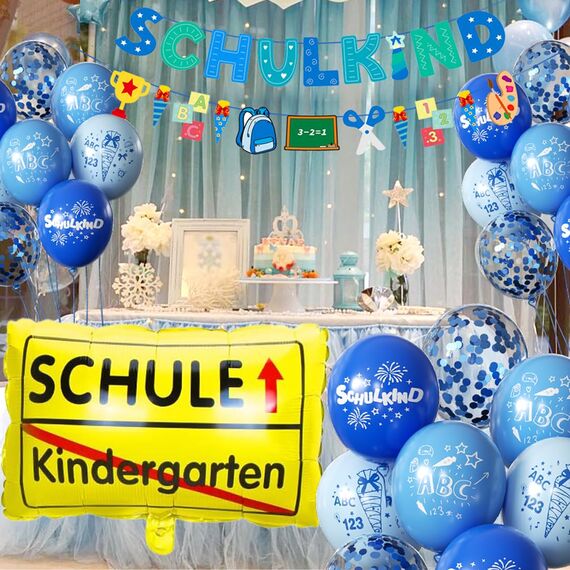 SCHULKIND Deko Einschulung Junge, Einschulung Schuleinführung Schulanfang Deko Set, Girlande Schulanfang + Zuckertüten Banner + 16 Luftballon mit ABC 123 Schultüte Motiv Konfetti Folienballon