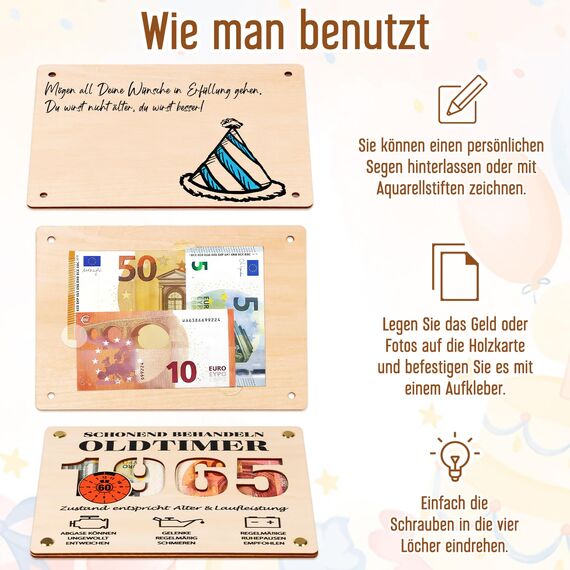 Giftota 2025 Geschenke zum 40 Geburtstag Mann, Witzige Geldgeschenke Holz mit Umschlag, Geldgeschenk 40. Geburtstag Mann - Schonend Behandeln 1985 Oldtimer