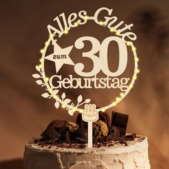 Giftota Cake Topper 30. Geburtstag Holz mit LED Lichterkette - 30. Geburtstag Deko - Tortendeko 30Geburtstag - Kuchen für 30. Geburtstagsdeko Frauen Männer