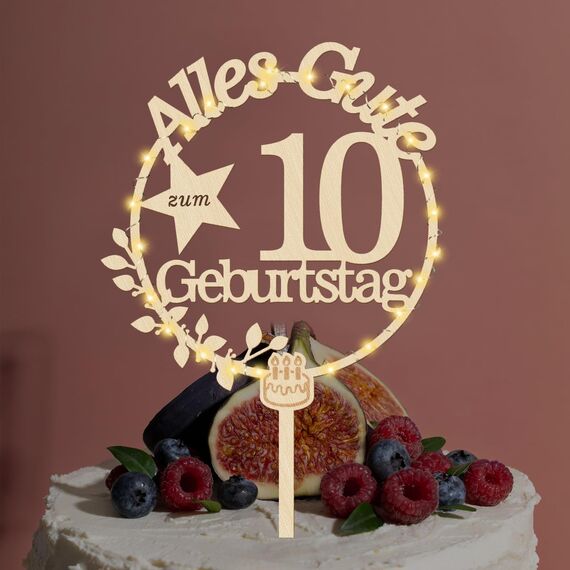 Giftota Cake Topper 10. Geburtstag Holz mit LED Lichterkette - Tortendeko 10. Geburtstag Deko - Kuchen Deko für Jungen Mädchen