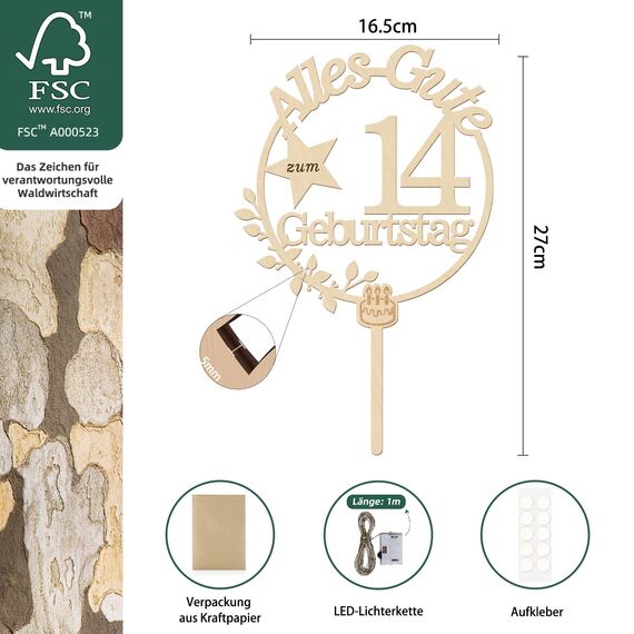 Giftota Cake Topper 14. Geburtstag Holz mit LED Lichterkette - Tortendeko 14. Geburtstag Deko - Kuchen Deko für Jungen Mädchen