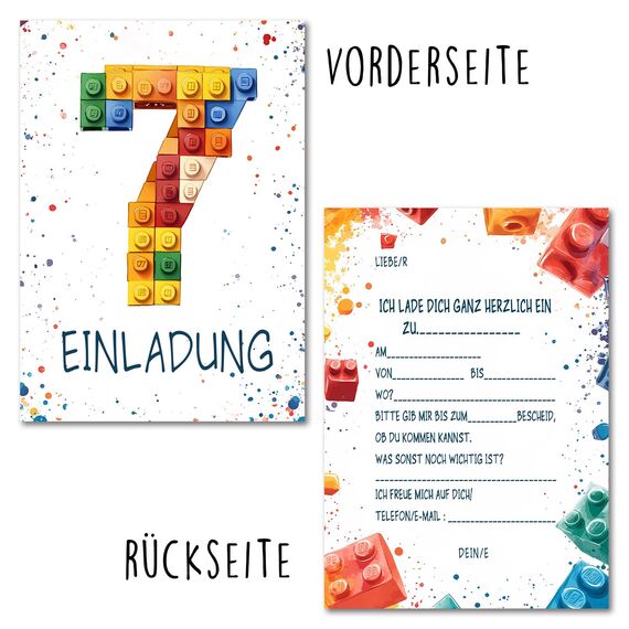 Vielucks 15 x Bausteine Einladungskarten - DIN A6 - Original - mit Aufkleber,Blocks Einladungskarten Kindergeburtstag Mädchen Junge,Geburtstagseinladungen,Party deko,Einladung Einschulung (7 Jahre)