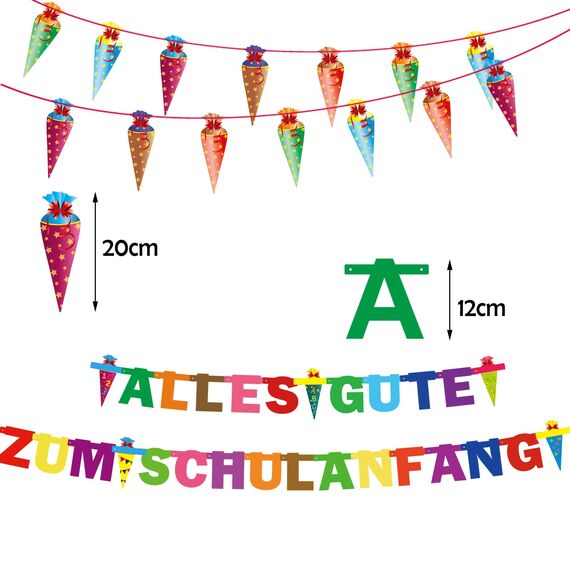 Einschulung Schuleinführung Schulanfang Deko Set, Girlande Alles Gute Zum Schulanfang + Zuckertüten Banner + 18 Luftballon mit ABC 123 Schultüte Motiv + Konfetti + Folienballon für Jungen Mädchen