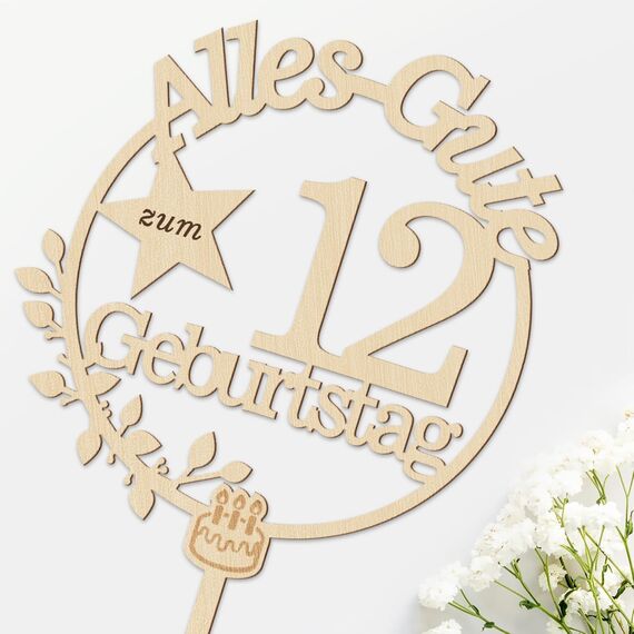 Giftota Cake Topper 12. Geburtstag Holz mit LED Lichterkette - Tortendeko 12. Geburtstag Deko - Kuchen Deko für Jungen Mädchen