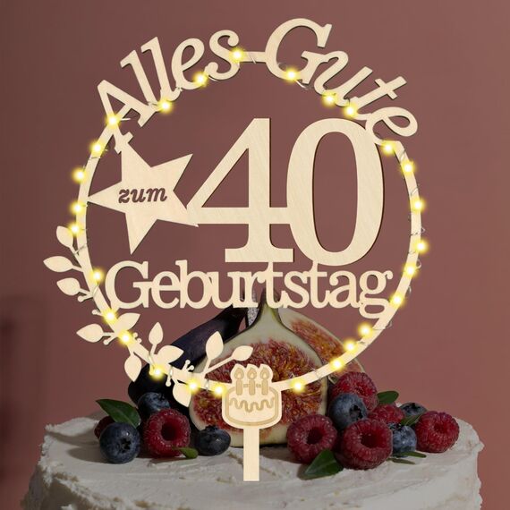 Giftota Holz Cake Topper mit LED Lichterkette - 80. Geburtstag Deko - Tortendeko für Frauen & Männer