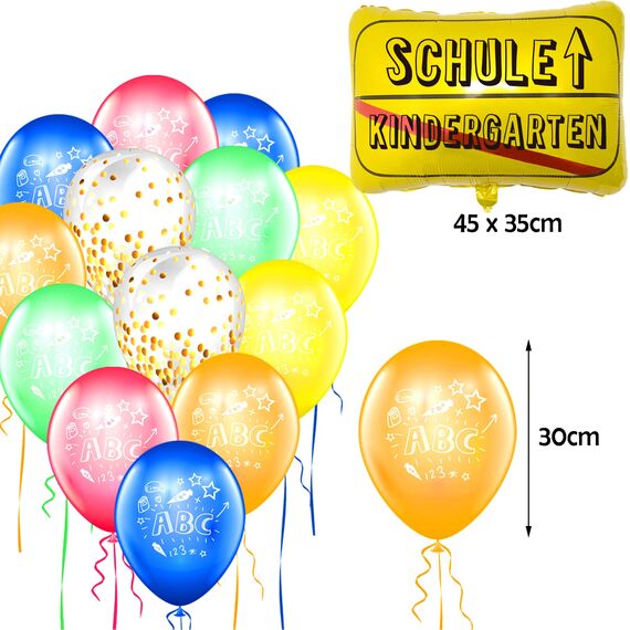 Einschulung Schuleinführung Schulanfang Deko Set, Girlande Alles Gute Zum Schulanfang + Zuckertüten Banner + 18 Luftballon mit ABC 123 Schultüte Motiv + Konfetti + Folienballon für Jungen Mädchen