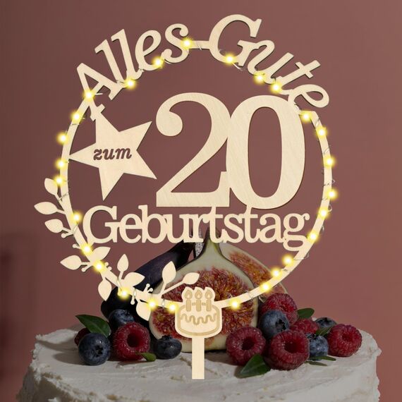 Giftota Cake Topper 20. Geburtstag Holz mit LED Lichterkette - 20. Geburtstag Deko Jungen Mädchen - Tortendeko 20. Geburtstagsdeko - Kuchen Deko für 20. Geburtstagsdeko