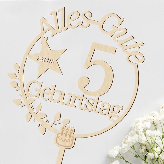 Cake Topper 5. Geburtstag Holz mit LED Lichterkette - Tortendeko 5. Geburtstag Deko - Kuchen Deko für Jungen Mädchen