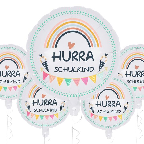 5 Stück Einschulung Folienballon Deko HURRA SCHULKIND Luftballons Schulanfang Dekoration für Schulkind Jungen Mädchen(5 Stück-Round)