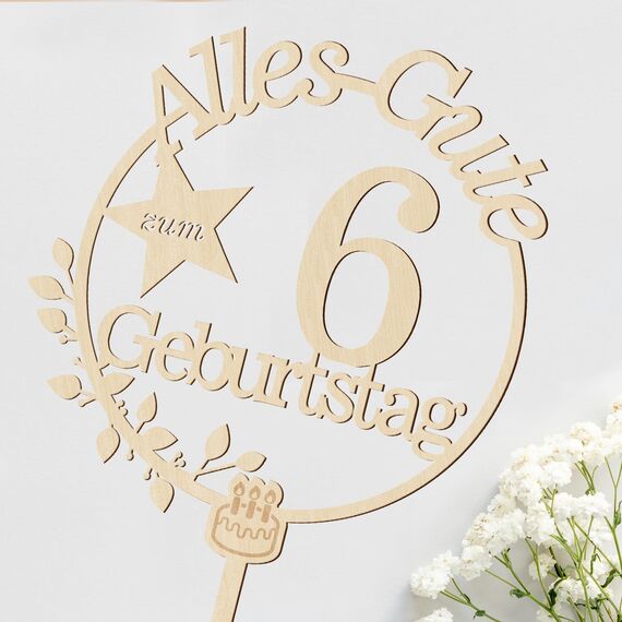 Cake Topper 6. Geburtstag Holz mit LED Lichterkette - Tortendeko 6. Geburtstag Deko - Kuchen Deko für Jungen Mädchen