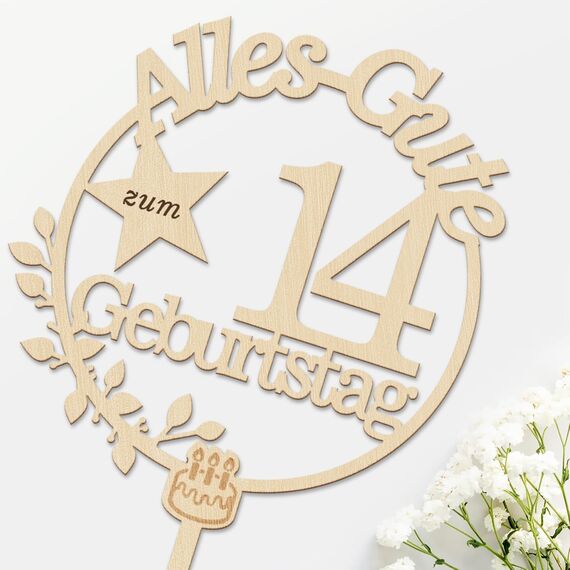 Giftota Cake Topper 14. Geburtstag Holz mit LED Lichterkette - Tortendeko 14. Geburtstag Deko - Kuchen Deko für Jungen Mädchen