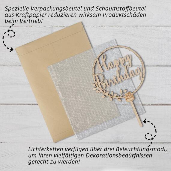 Giftota Cake Topper Happy Birthday aus Holz mit LED Lichterkette - Tortendeko Geburtstag, Kuchen Deko für Mädchen Jungen Frauen Männer - Größe 18 x 27 cm