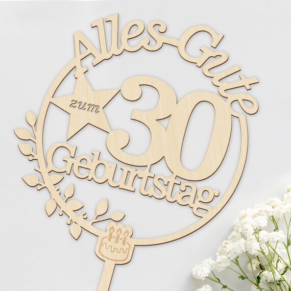 Giftota Cake Topper 30. Geburtstag Holz mit LED Lichterkette - 30. Geburtstag Deko - Tortendeko 30Geburtstag - Kuchen für 30. Geburtstagsdeko Frauen Männer