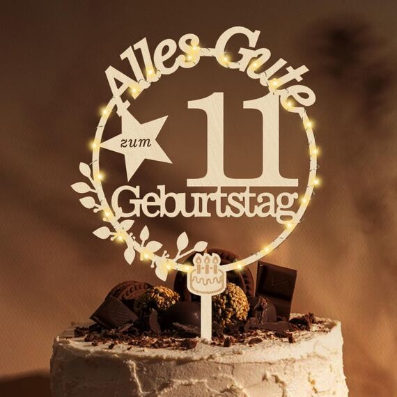 Giftota Cake Topper 11. Geburtstag Holz mit LED Lichterkette - Tortendeko 11. Geburtstag Deko - Kuchen Deko für Jungen Mädchen