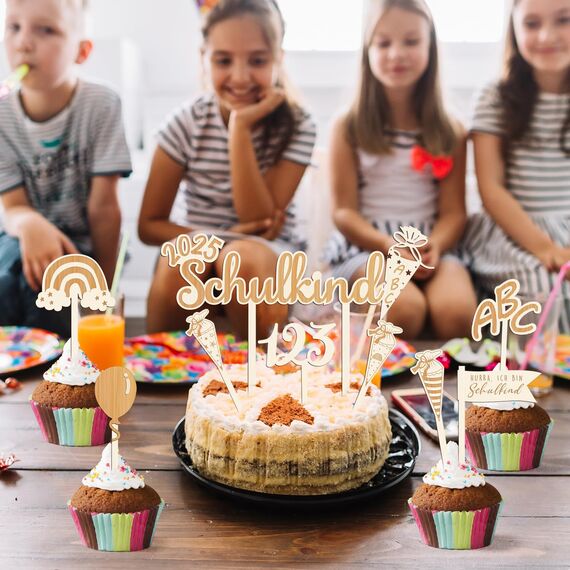 Humairc 2025 Tortendeko Einschulung 10tgl. aus Holz Junge Mädchen Schulkind Zuckertüte Cake Topper ABC 123 Cupcake Torte Deko Kuchendeko Schulanfang