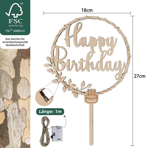 Giftota Cake Topper Happy Birthday aus Holz mit LED Lichterkette - Tortendeko Geburtstag, Kuchen Deko für Mädchen Jungen Frauen Männer - Größe 18 x 27 cm