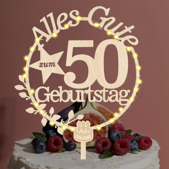 Giftota Cake Topper 50. Geburtstag Holz mit LED Lichterkette - 50. Geburtstag Deko - Tortendeko 50. Geburtstagsdeko Frau Mann