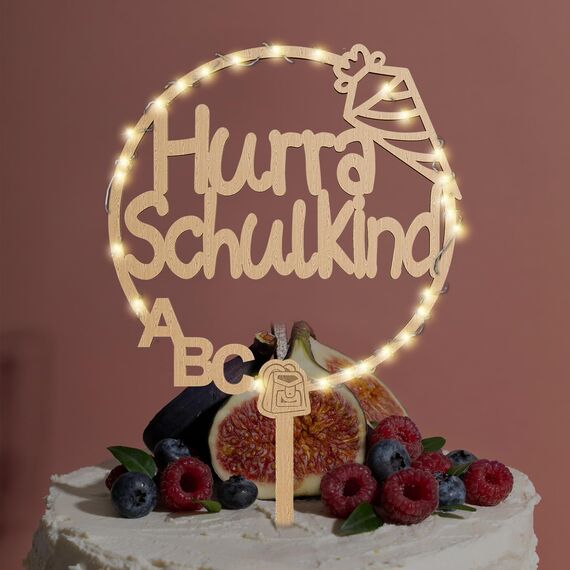 Giftota Cake Topper Schulkind aus Holz mit LED Lichterkette - Tortendeko Einschulung - 2025 Einschulung Deko für Junge Mädchen - Schulanfang Deko