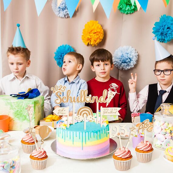 Humairc 2025 Tortendeko Einschulung 10tgl. aus Holz Junge Mädchen Schulkind Zuckertüte Cake Topper ABC 123 Cupcake Torte Deko Kuchendeko Schulanfang