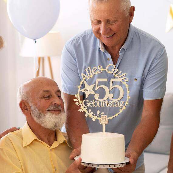 Giftota 55. Geburtstag Holz Cake Topper mit LED Lichterkette - 55. Geburtstag Deko für Frauen und Männer
