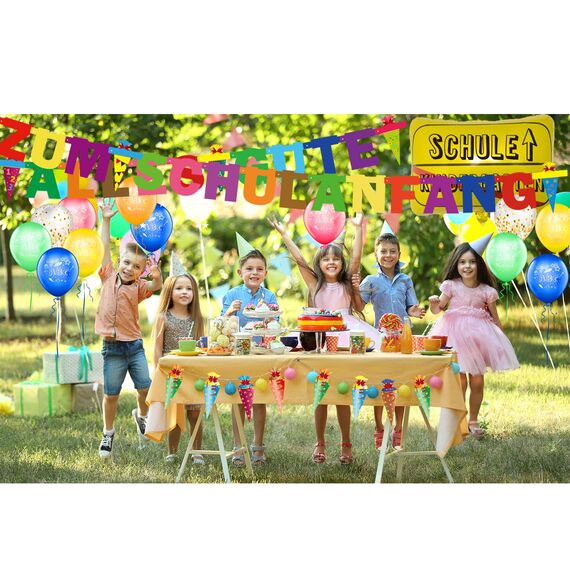 Einschulung Schuleinführung Schulanfang Deko Set, Girlande Alles Gute Zum Schulanfang + Zuckertüten Banner + 18 Luftballon mit ABC 123 Schultüte Motiv + Konfetti + Folienballon für Jungen Mädchen