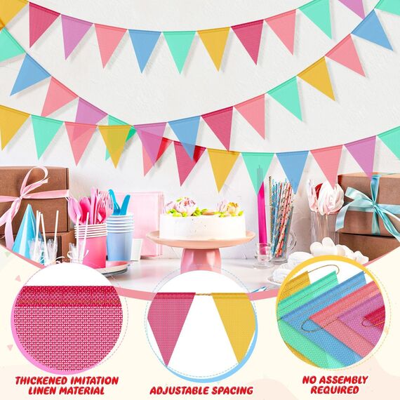3er Set Wimpelkette Outdoor, 36 Bunte Wimpel (17,5x12,5 cm), 12 m Girlande, Wetterfeste Party Deko für Geburtstag, Gartenparty, Einschulung, Festival & Schützenfest (Regenbogenfarben)