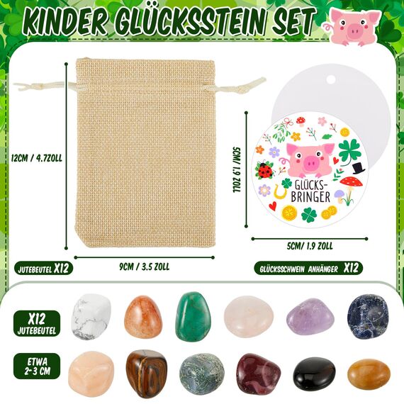 Otuuz 12 Sets Glückssteine Kinder Mitgebsel mit Jutebeutel Glücksschwein, Glücksbringer Steine Kinder Kindergeburtstag Mitgebsel Set, Natursteine bunt für Silvester Geschenk, Adventskalender Füllung