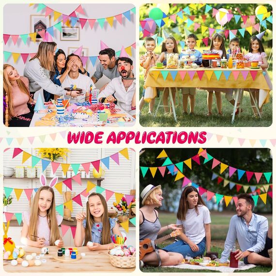 3er Set Wimpelkette Outdoor, 36 Bunte Wimpel (17,5x12,5 cm), 12 m Girlande, Wetterfeste Party Deko für Geburtstag, Gartenparty, Einschulung, Festival & Schützenfest (Regenbogenfarben)