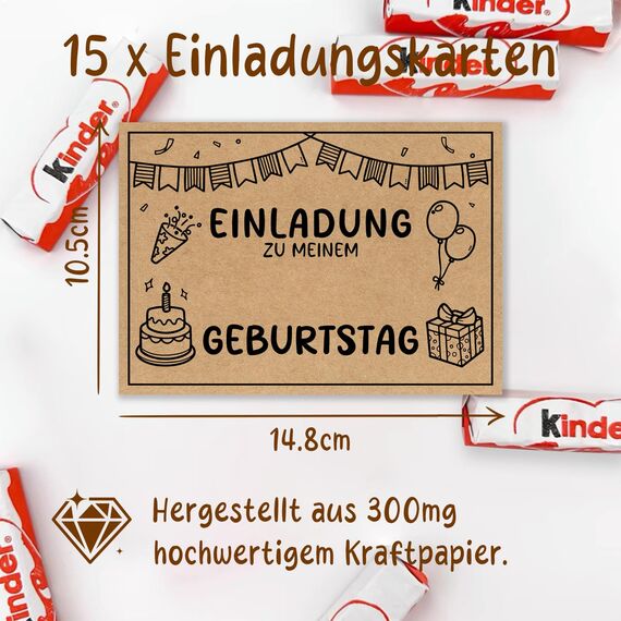 Vielucks 15 x KINDER Einladungskarten - Kraftpapier - Original - DIN A6,Kreativität Einladungskarten Kindergeburtstag Junge Mädchen,Geburtstagseinladungen,Partyeinladungen,Einschulung Einladungskarten