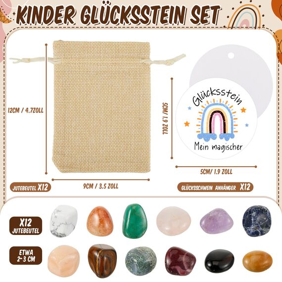 Otuuz 12 Set Glückssteine für Kinder Mutsteine Glücksbringer Edelsteine Kindergeburtstag Gastgeschenk Magische Steine für Party Mitgebsel Einschulung Taufe Kommunion(Regenbogen)