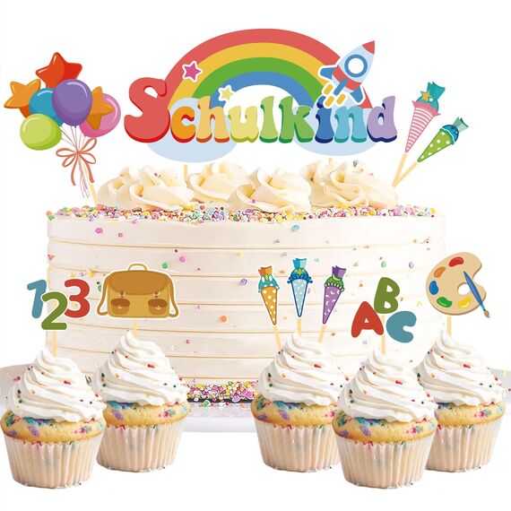20 Stück Schulanfang Tortendeko, Tortendeko Einschulung Deko, Schultüte Schuleinführung Deko Cupcake Topper für Schulkind, Junge und Mädchen Einschulung Deko