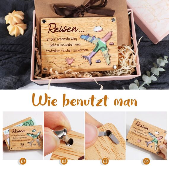 BOFUNX Reise Geldgeschenke Verpackung aus Holz Geldgeschenk Geburtstag Reisegutschein Gutschein Verpackung Reise Urlaub Abenteuer Geschenk Geburtstagsgeschenk Weihnachten Geldgeschenk