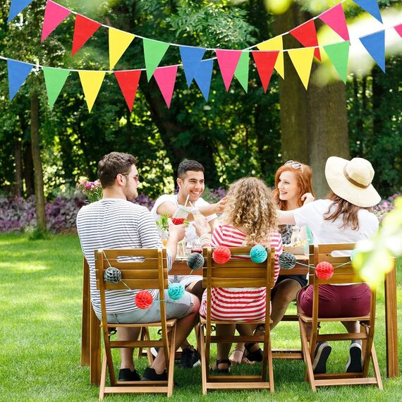 3er Set Wimpelkette Outdoor, 36 Bunte Wimpel (17,5x12,5 cm), 12 m Girlande, Wetterfeste Party Deko für Geburtstag, Gartenparty, Einschulung, Festival & Schützenfest (Regenbogenfarben)