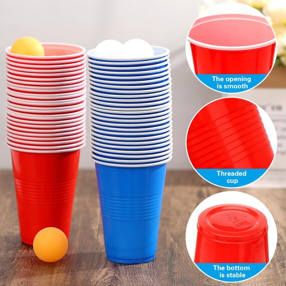 Zeawavsl Bierpong Becher Set, Beer Pong Becher Enthält 50 Becher und 12 Tischtennisbälle, 500ML Beerpongbecher Wiederverwendbare Beerpong Partybecher für Party Trinkspiele Camping Geburtstag Hochzeit