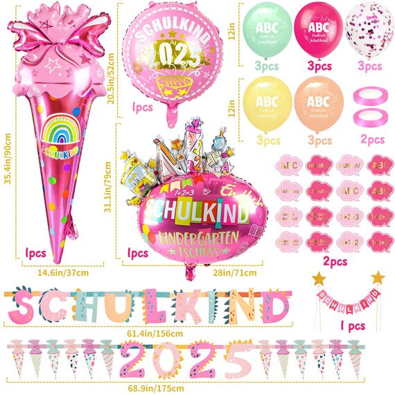 iZoeL SCHULKIND 2025 Deko Einschulung Mädchen, SCHULKIND Girlande + 2025 Zuckertüten Girlande +Folienballon + 15 Luftballon + 16 Konfetti Schulanfang Schuleinführung Deko