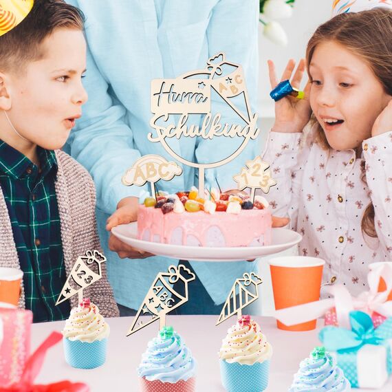Schulkind Tortendeko, 6 STK Holz Tortendeko Einschulung, Hurra Schulkind Kuchendeko Schulanfang, Cake Topper Einschulung, Schuleinführung Party Deko für Mädchen Junge