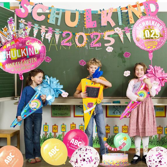 iZoeL SCHULKIND 2025 Deko Einschulung Mädchen, SCHULKIND Girlande + 2025 Zuckertüten Girlande +Folienballon + 15 Luftballon + 16 Konfetti Schulanfang Schuleinführung Deko