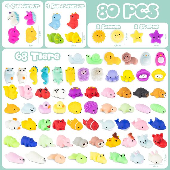 BONNYCO Mochi Squishy Set Mitgebsel Kindergeburtstag Gastgeschenke, 80 Stück Kleine Geschenke für Kinder. Mitbringsel Kindergeburtstag Gastgeschenk, Pinata Füllung. Give Aways, Einschulung Set