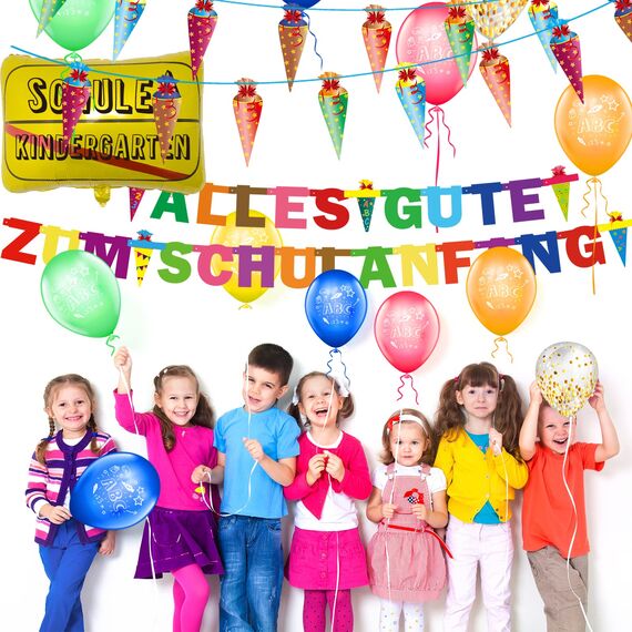 Einschulung Schuleinführung Schulanfang Deko Set, Girlande Alles Gute Zum Schulanfang + Zuckertüten Banner + 18 Luftballon mit ABC 123 Schultüte Motiv + Konfetti + Folienballon für Jungen Mädchen
